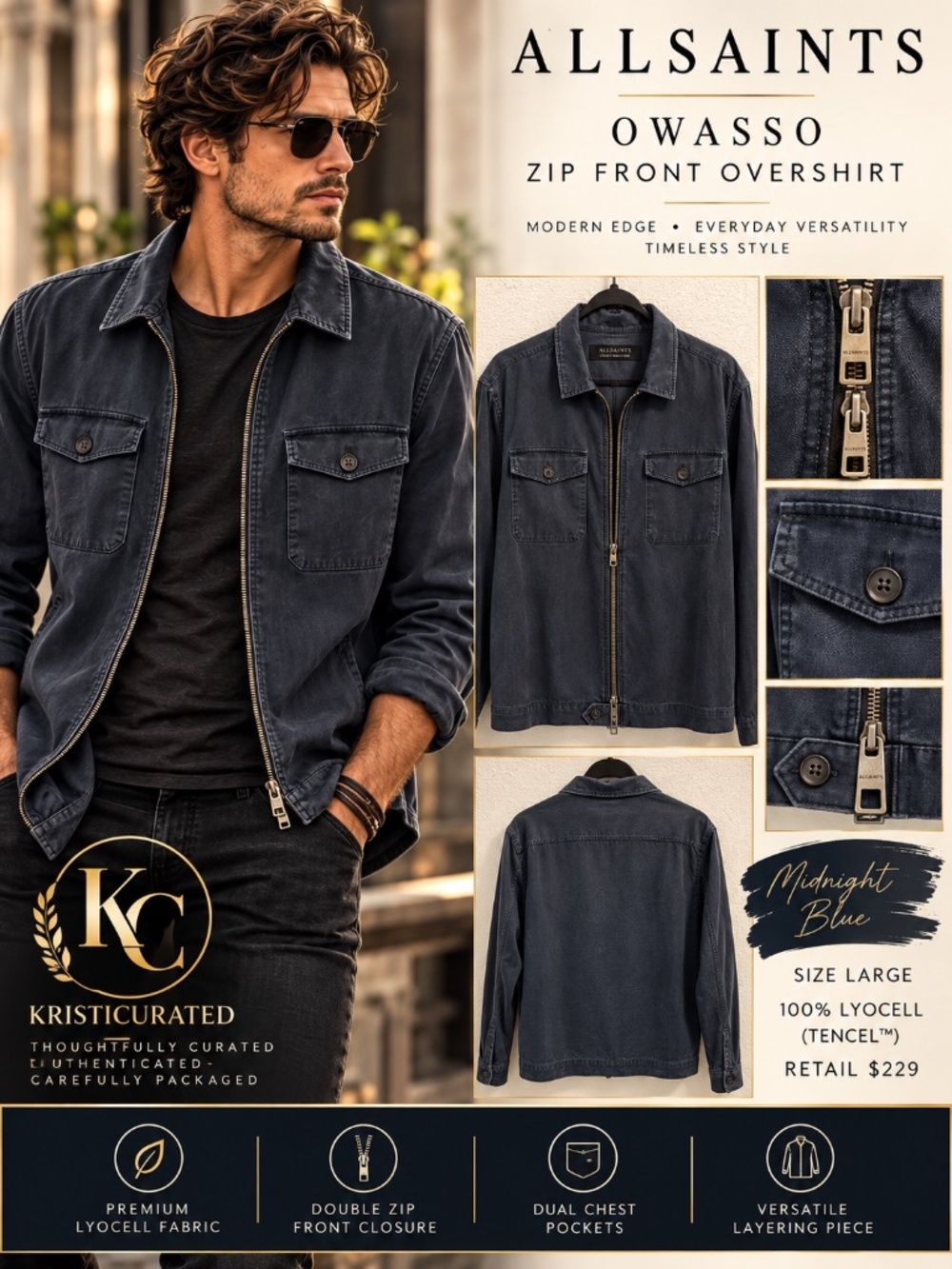 AllSaints Owasso Zip Front Overshirt Jacket Large Midnight Blue Lyocell